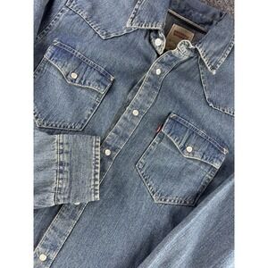 evi's Pearl Snap Denim Western Shirt Womens Small Red Tab Blue